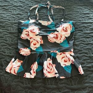 Floral Peplum Tankini Swim Top - Black/Pink
